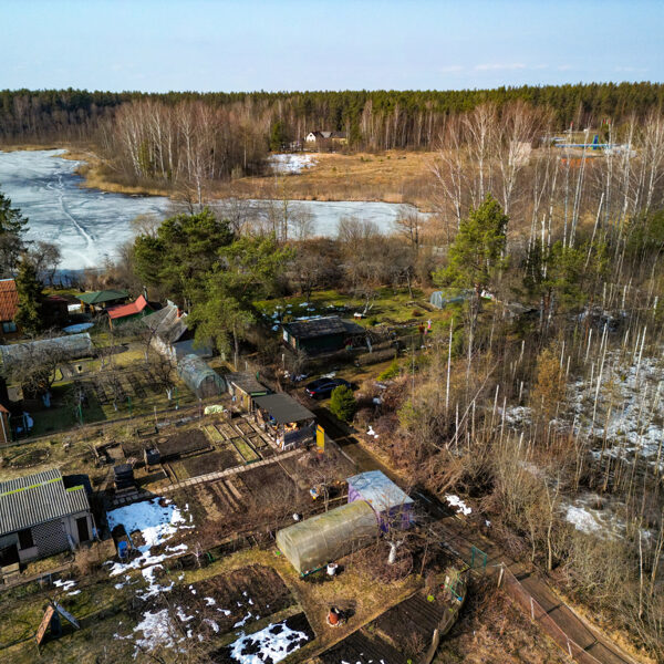 Вид с воздуха на дачный дом, теплицы и прилегающий лес на берегу озера в черте Даугавпилса